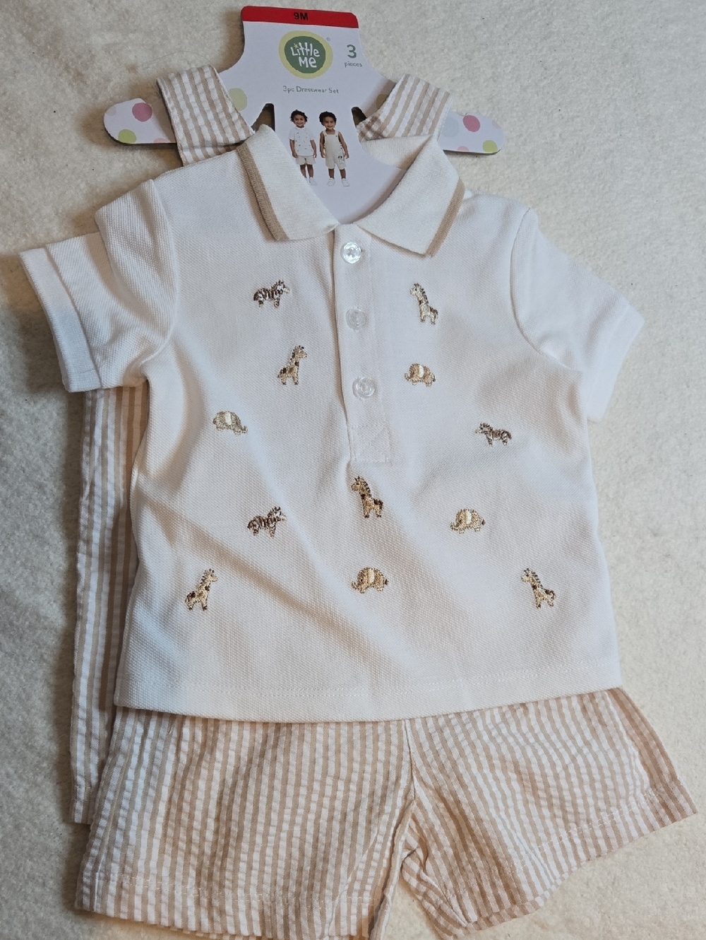Little Me Cream Polo with Tan Striped Shorts Set